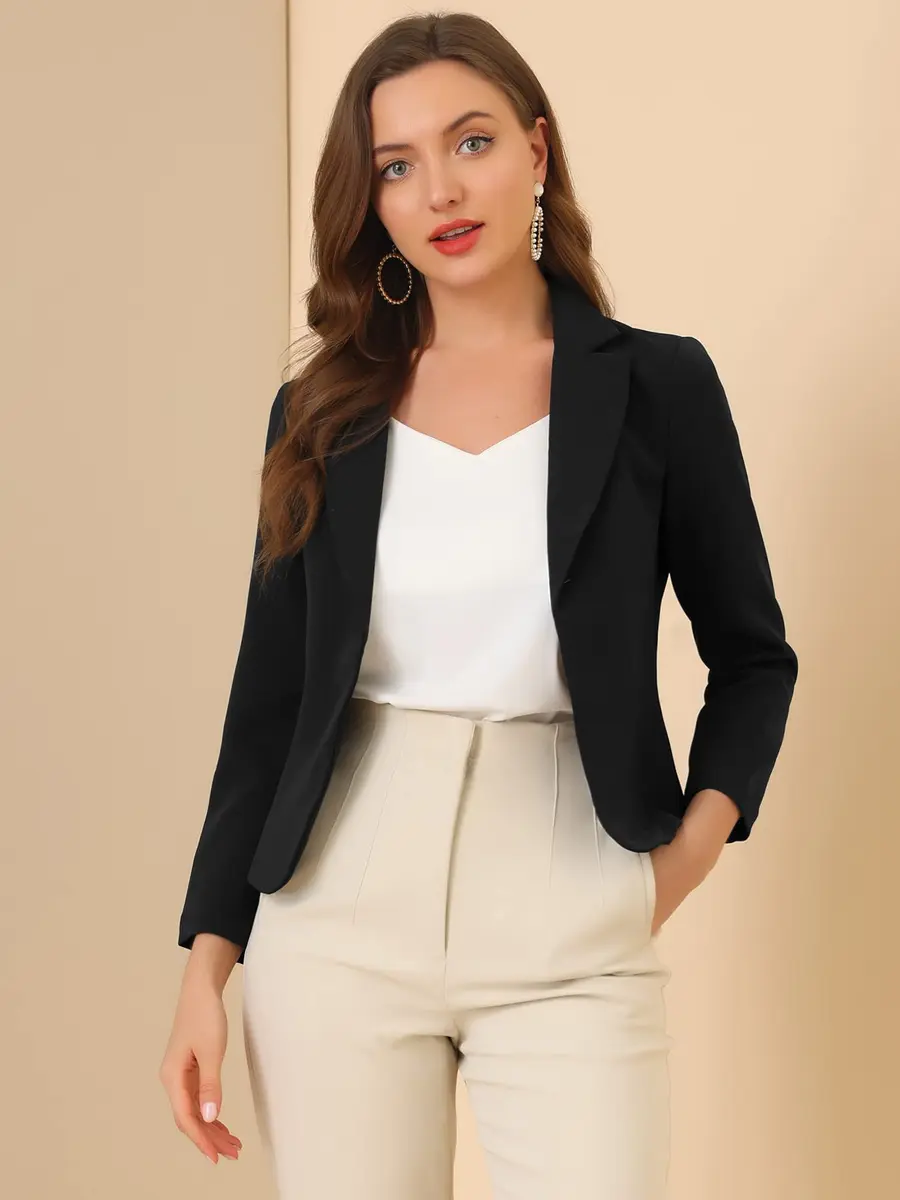 Allegra K Women's Open Front Crop Suit Blazer Medium Black-Solid with Tone-on-Tone Floral Print | 53.6 cm (21.1 inches) Length - view 4