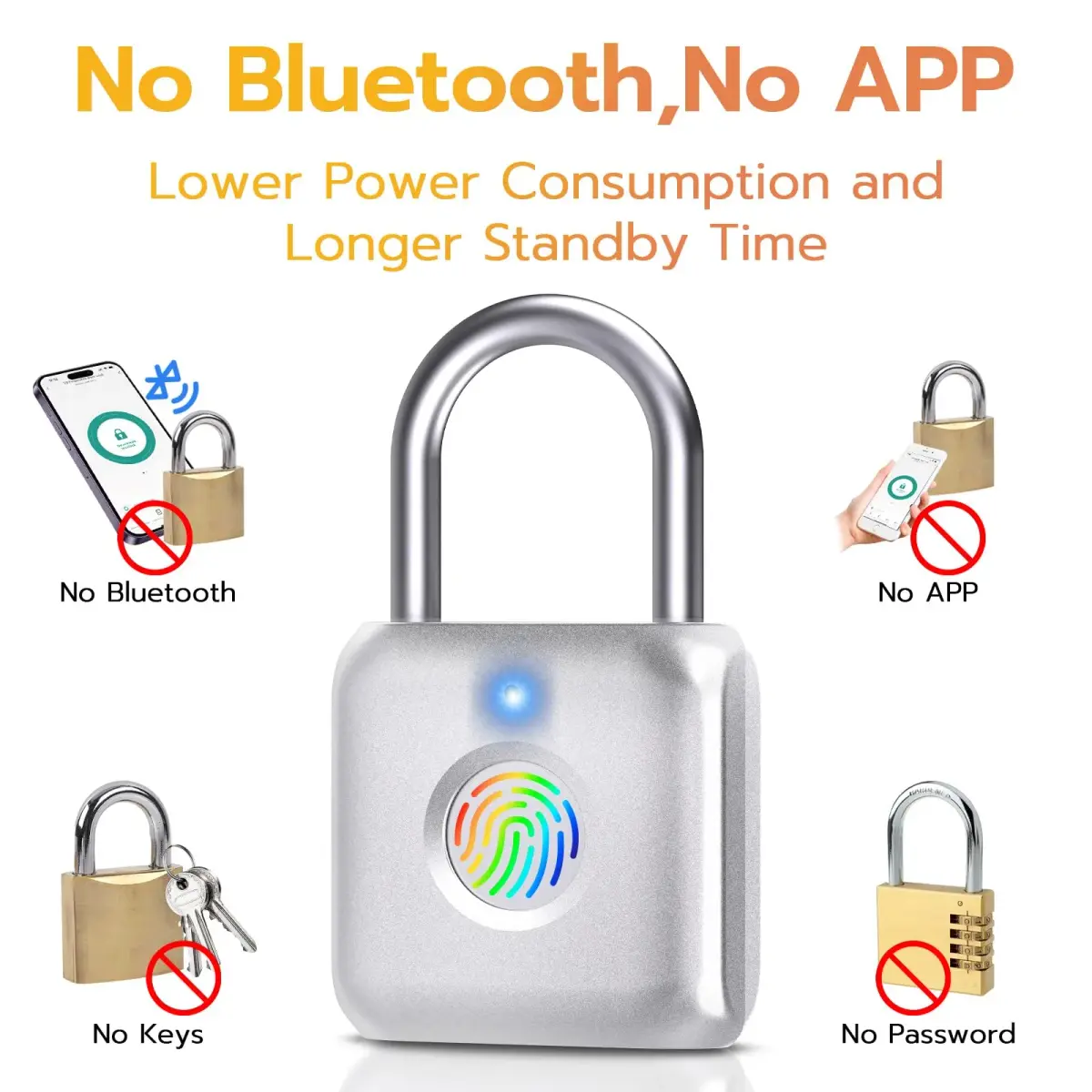 Pothunder Biometric Fingerprint Padlock Silver | Keyless Smart Lock for Gym Locker, Luggage, Backpack - view 4