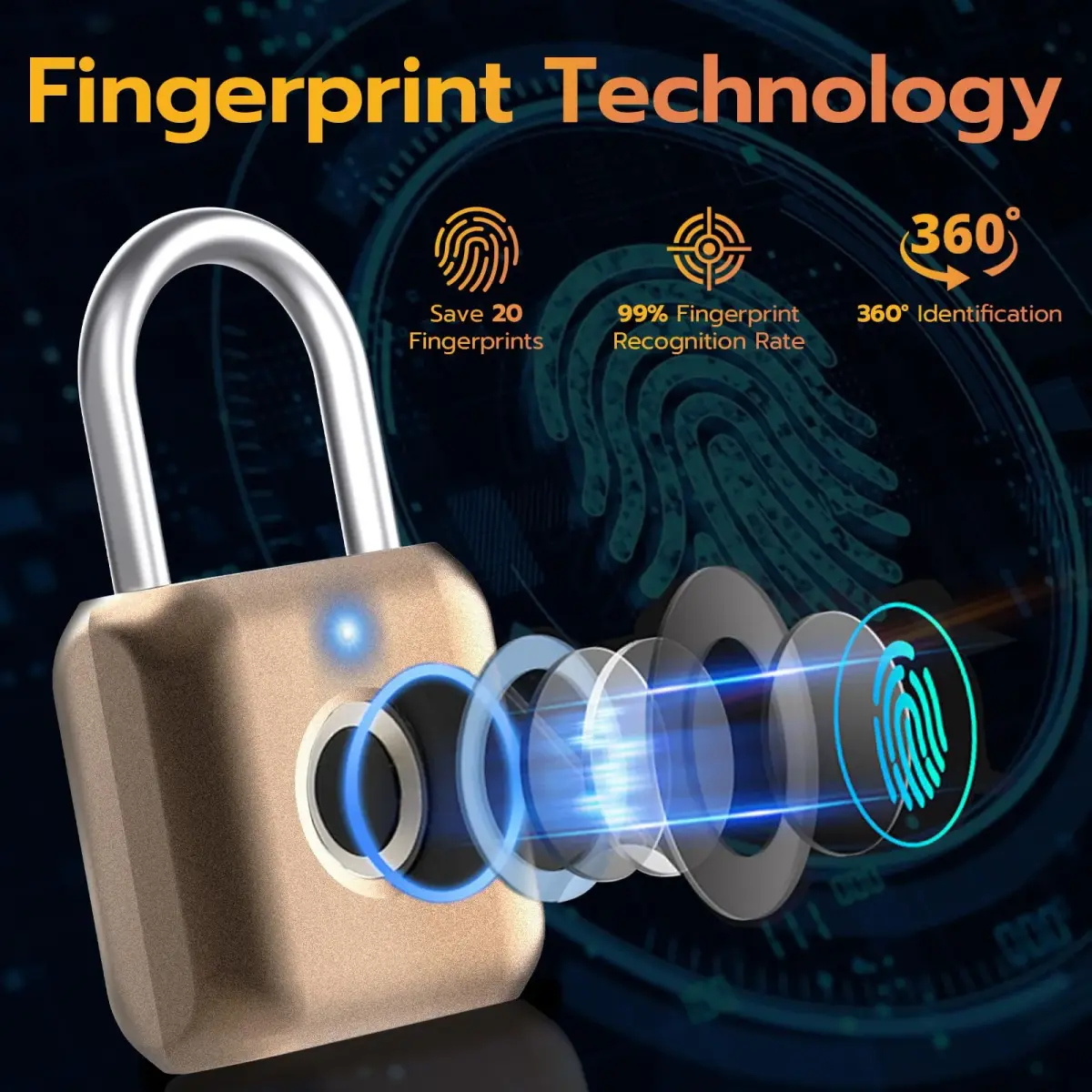 Pothunder Fingerprint Padlock Placer Gold | 62g (2.18 oz) USB Rechargeable Biometric Lock - view 3