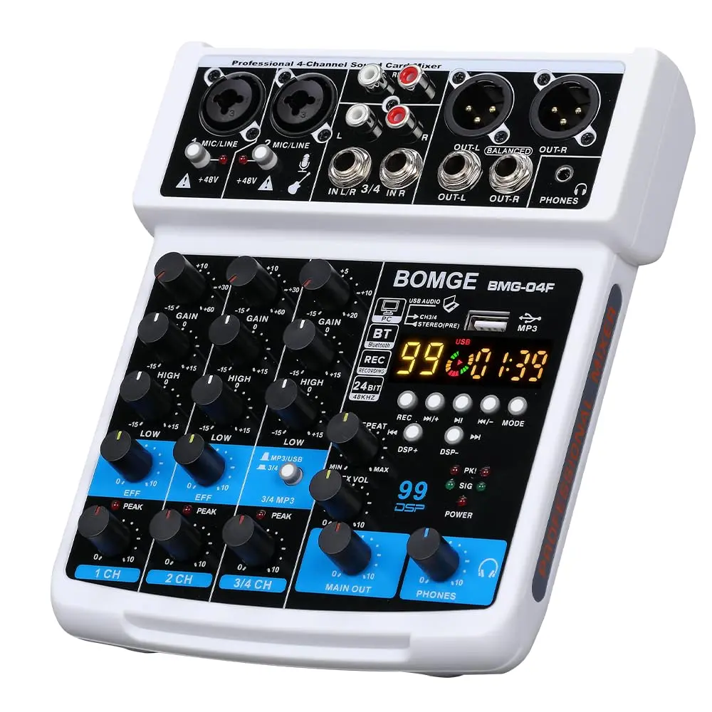BOMGE 4 Channel Professional Audio Mixer, Sound Board Mixing Console 24.2cm (9.5in) | USB, Bluetooth, 48V Phantom Power - main product image