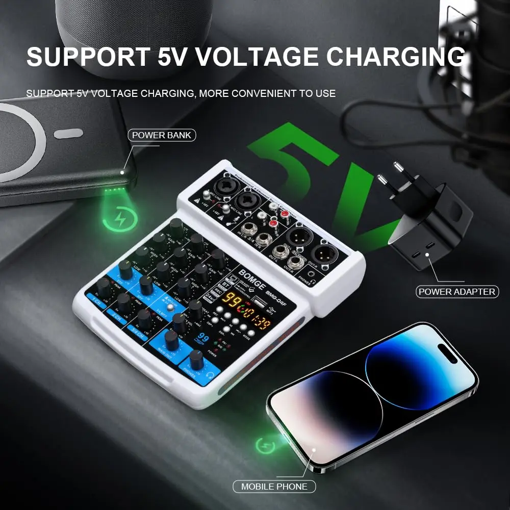 BOMGE 4 Channel Professional Audio Mixer, Sound Board Mixing Console 24.2cm (9.5in) | USB, Bluetooth, 48V Phantom Power - view 5