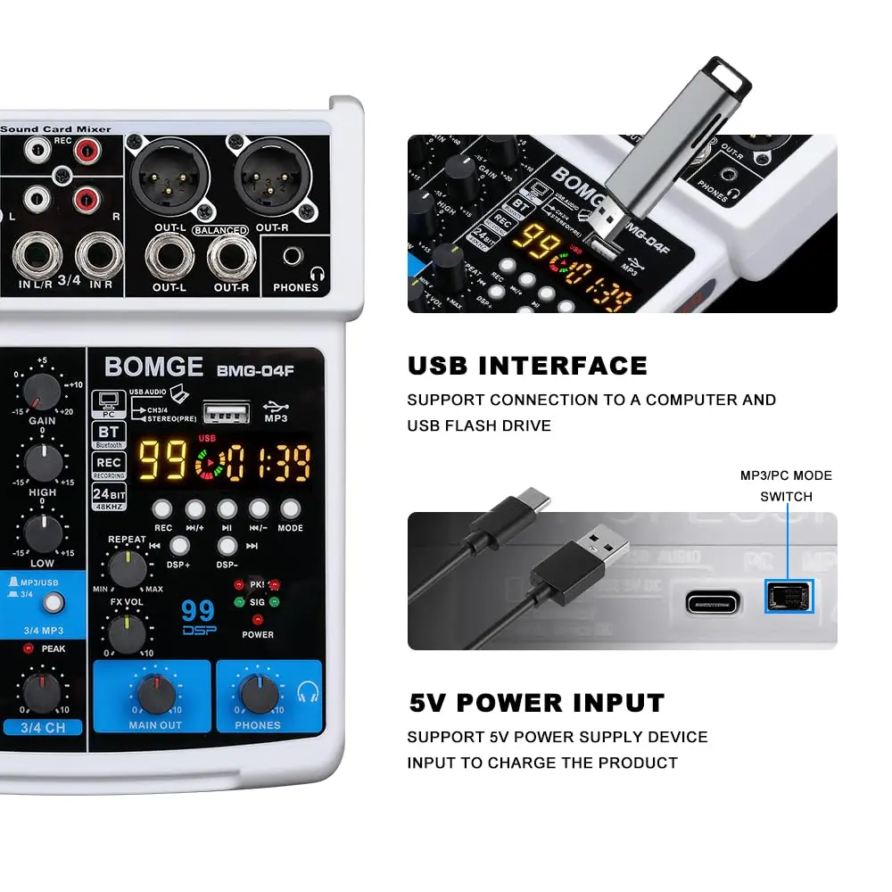 BOMGE 4 Channel Professional Audio Mixer, Sound Board Mixing Console 24.2cm (9.5in) | USB, Bluetooth, 48V Phantom Power - view 6