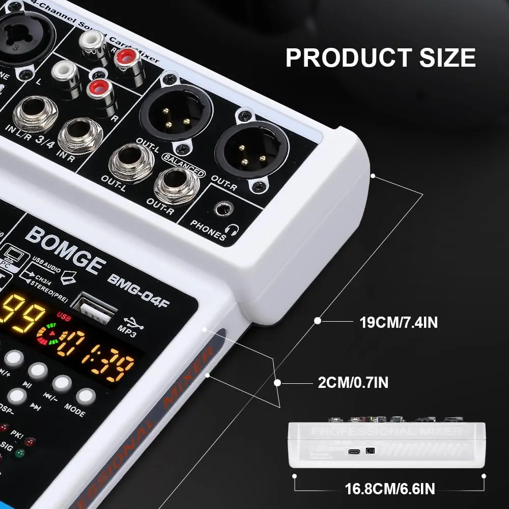 BOMGE 4 Channel Professional Audio Mixer, Sound Board Mixing Console 24.2cm (9.5in) | USB, Bluetooth, 48V Phantom Power - view 7