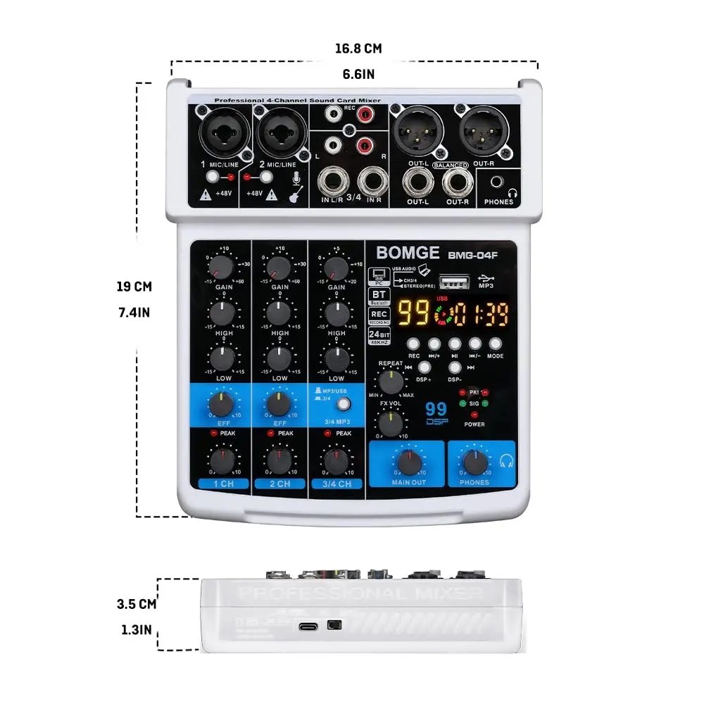 BOMGE 4 Channel Professional Audio Mixer, Sound Board Mixing Console 24.2cm (9.5in) | USB, Bluetooth, 48V Phantom Power - view 9