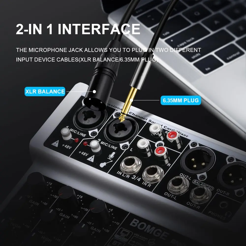 BOMGE 4 Channel Professional Audio Mixer, Sound Board Mixing Console 24.2cm (9.5in) | USB, Bluetooth, 48V Phantom Power - view 3