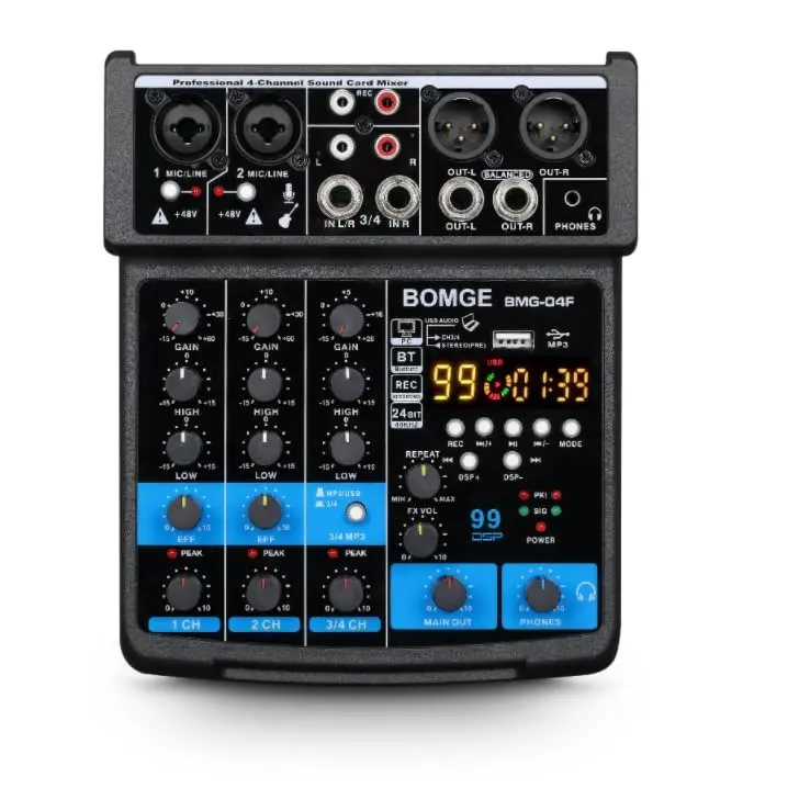 BOMGE 4 Channel mini DJ Audio Sound Mixer Interface with MP3 USB Bluetooth 48V Phantom Power 99 DSP | Compact, versatile, ideal for karaoke & streaming - main product image