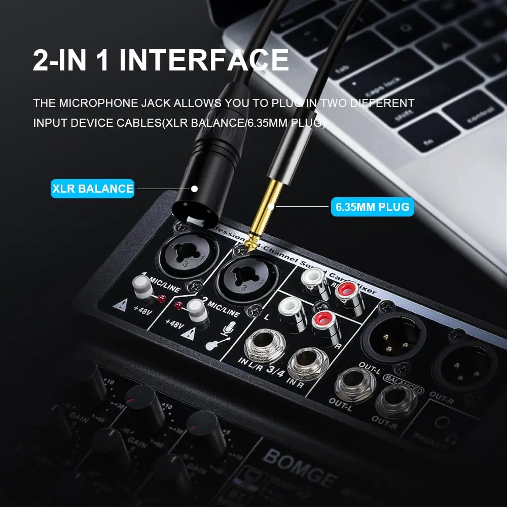 BOMGE 4 Channel mini DJ Audio Sound Mixer Interface with MP3 USB Bluetooth 48V Phantom Power 99 DSP | Compact, versatile, ideal for karaoke & streaming - view 5