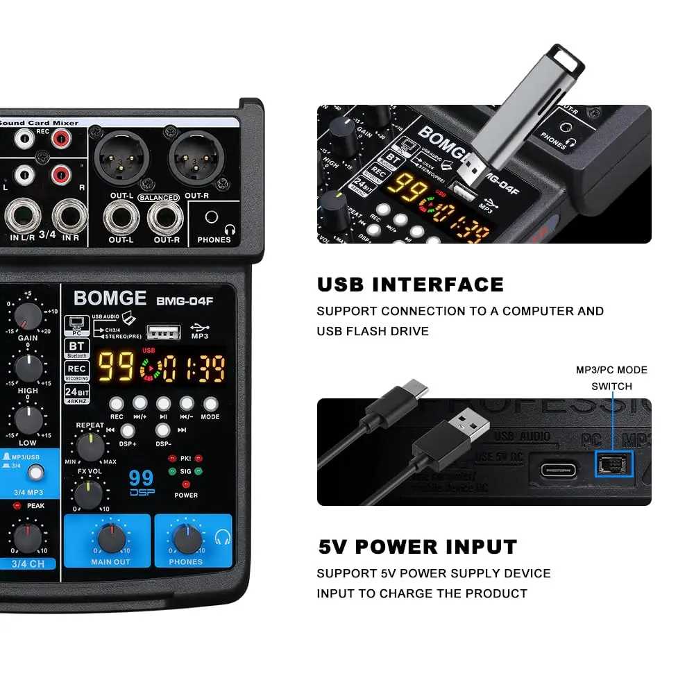 BOMGE 4 Channel mini DJ Audio Sound Mixer Interface with MP3 USB Bluetooth 48V Phantom Power 99 DSP | Compact, versatile, ideal for karaoke & streaming - view 6