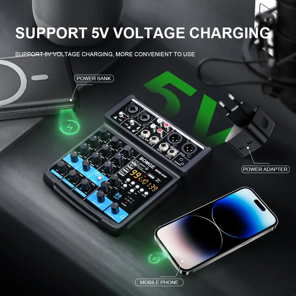 BOMGE 4 Channel mini DJ Audio Sound Mixer Interface with MP3 USB Bluetooth 48V Phantom Power 99 DSP | Compact, versatile, ideal for karaoke & streaming - view 7