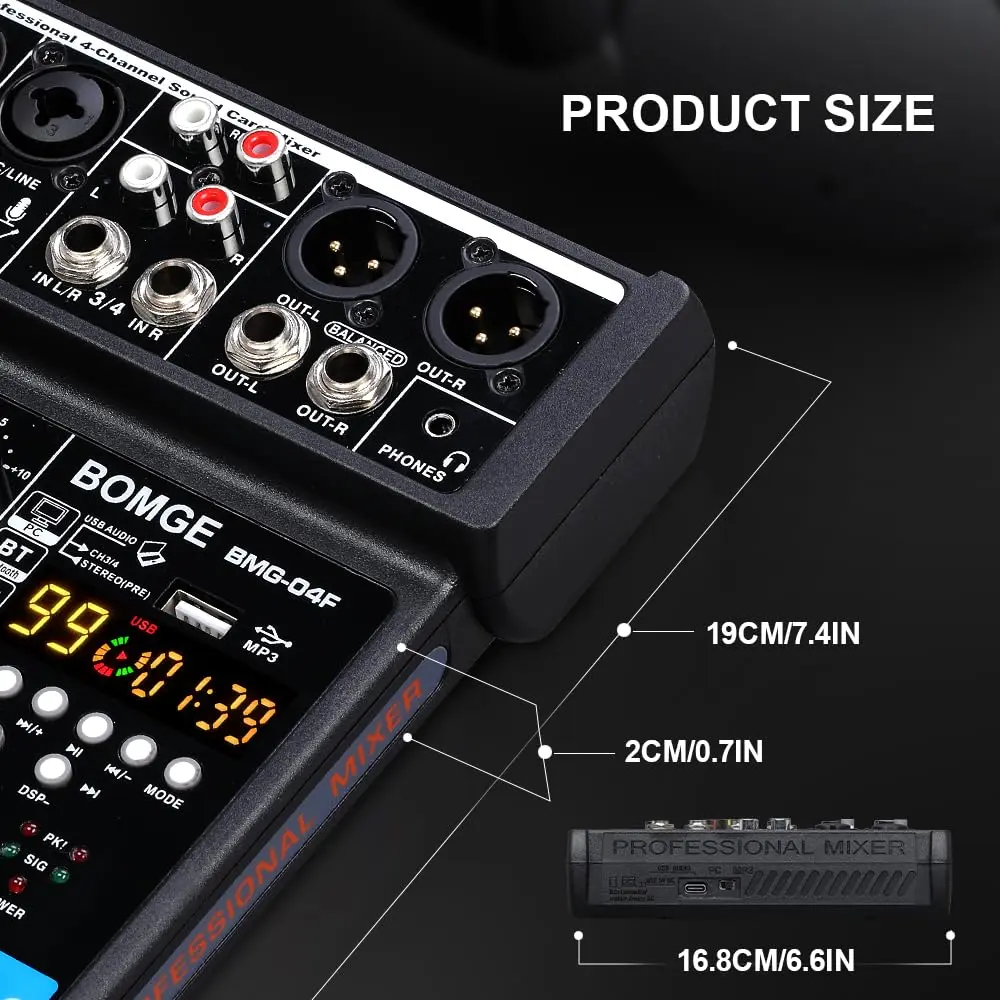 BOMGE 4 Channel mini DJ Audio Sound Mixer Interface with MP3 USB Bluetooth 48V Phantom Power 99 DSP | Compact, versatile, ideal for karaoke & streaming - view 9