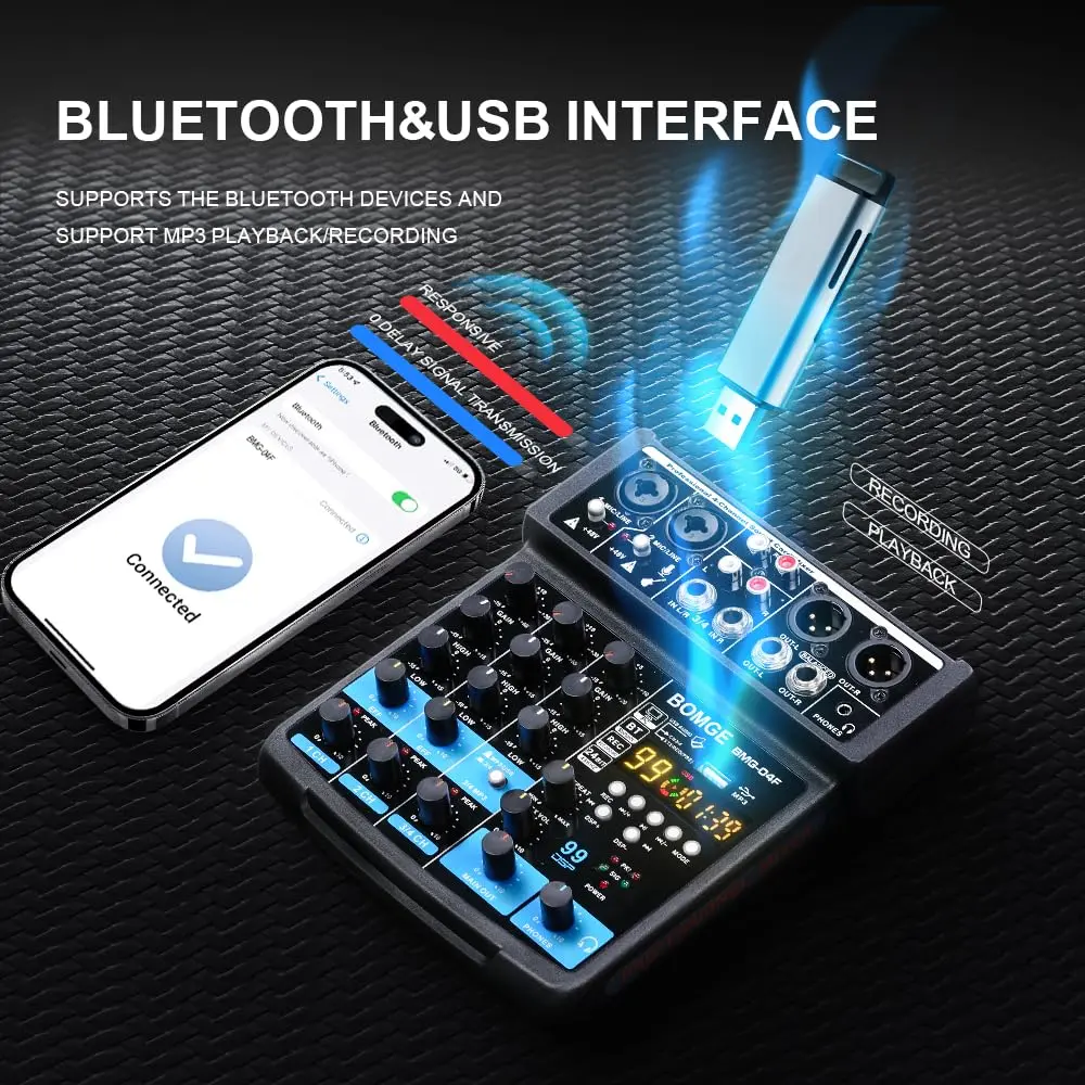 BOMGE 4 Channel mini DJ Audio Sound Mixer Interface with MP3 USB Bluetooth 48V Phantom Power 99 DSP | Compact, versatile, ideal for karaoke & streaming - view 3