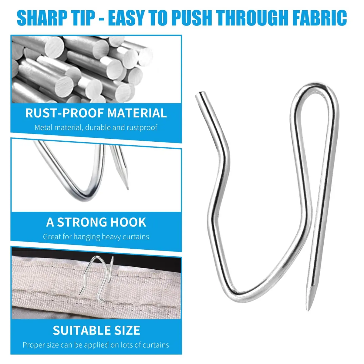 Sopito 58Pcs Metal Curtain Hooks | 3.1cm (1.2") Silver White Pinch Pleat Hooks - view 4