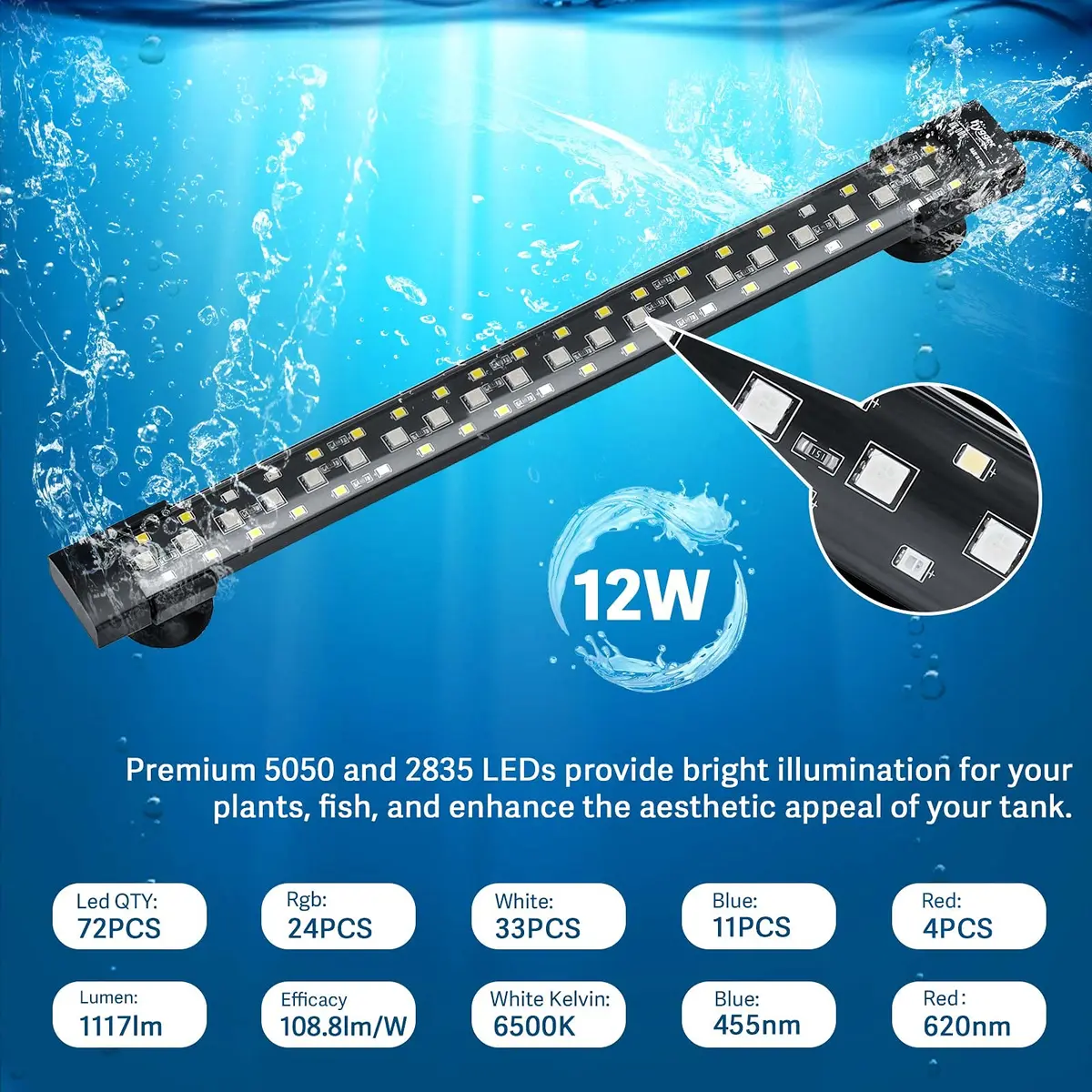 hygger 24/7 Mode Submersible Aquarium LED Light, Full Spectrum Hidden Fish Tank Light with 3 Rows Beads 7 Colors Auto On Off Sunrise-Daylight-Moonlight - view 5