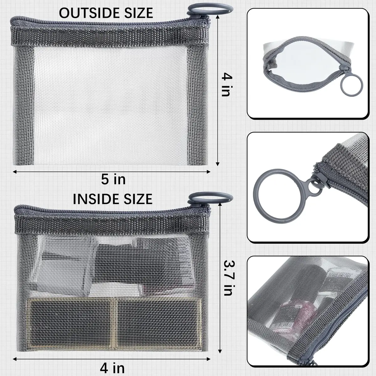Frienda 10 Pcs Small Mesh Zipper Bags 12.7cm x 10.16cm (5" x 4") | Grey Nylon Cosmetic Travel Pouches - view 2