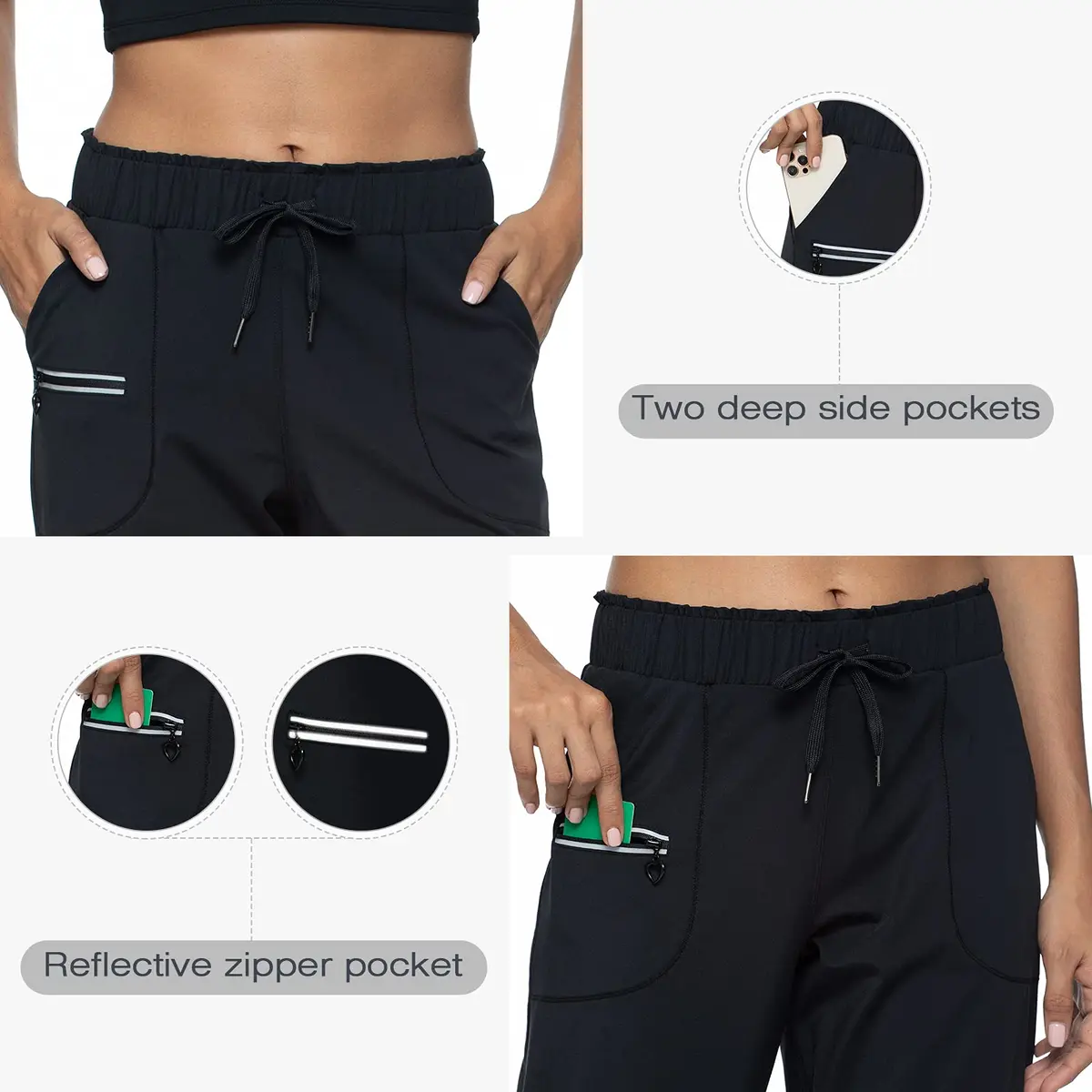 Haowind Women's Elastic Waist Joggers with Pockets - Mid Rise Tapered Sweatpants for Yoga & Travel - Black Small | Moisture-Wicking & Petite-Friendly - view 6