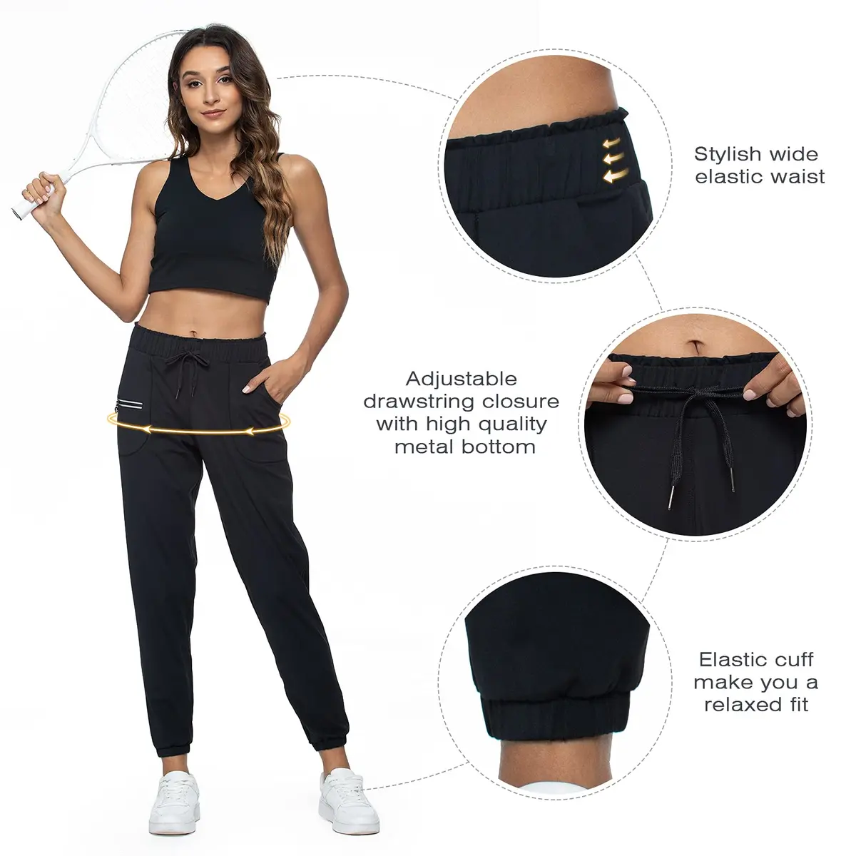Haowind Women's Lightweight Athletic Joggers with Pockets - Black, Large | Moisture-Wicking Tapered Sweatpants for Yoga, Running & Travel - view 5