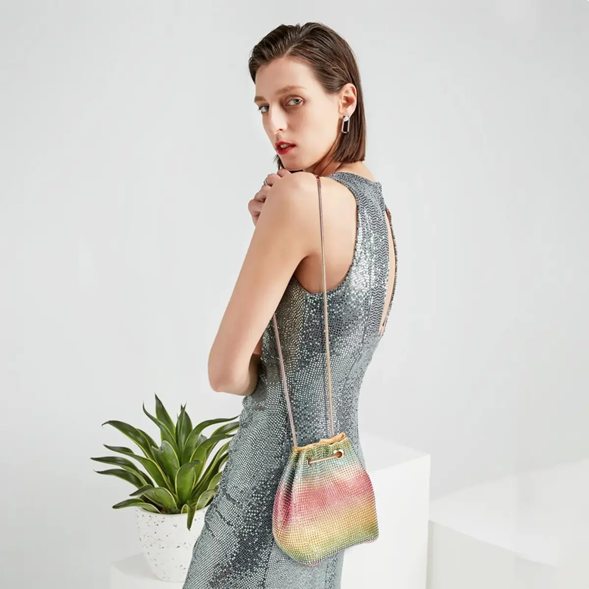 JIAN YA NA Rhinestone Trihedral Bucket Bag - Rainbow - view 3