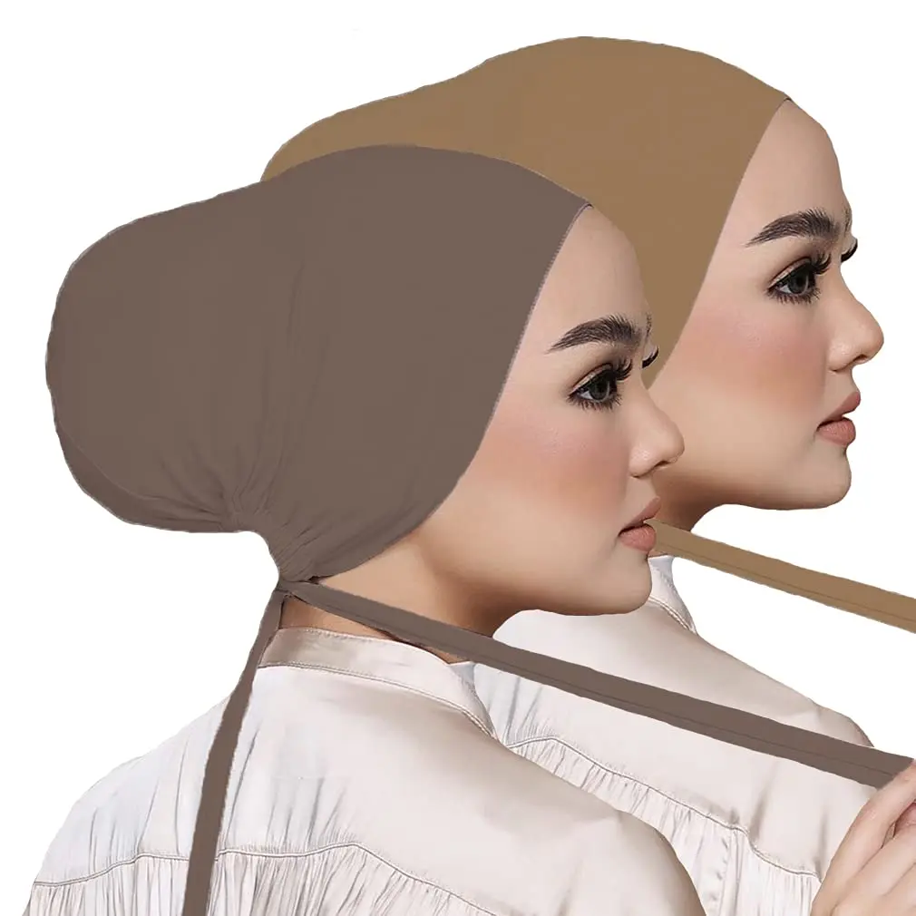 Hophor Women Under Scarf Hat Hijab Cap with Tie-Back Closure | Adjustable Jersey Hijab Cap for Women (Khaki+Nude, 2pcs) - main product image