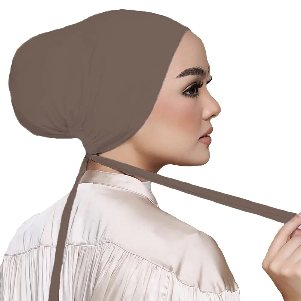 Hophor Women Under Scarf Hat Hijab Cap with Tie-Back Closure | Adjustable Jersey Hijab Cap for Women (Khaki+Nude, 2pcs) - view 4