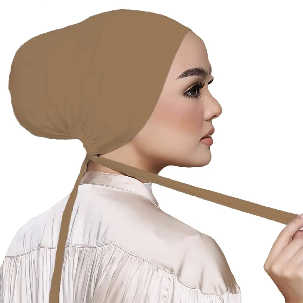Hophor Women Under Scarf Hat Hijab Cap with Tie-Back Closure | Adjustable Jersey Hijab Cap for Women (Khaki+Nude, 2pcs) - view 3