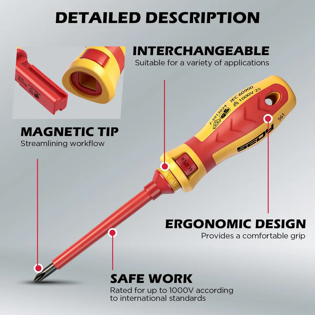 SEDY 1000V Insulated Electrician Screwdriver Set | VDE & GS Certified, 13-Piece, CRV Steel, Magnetic Tips, Replaceable Handle (9" x 5.5" x 2") - view 5