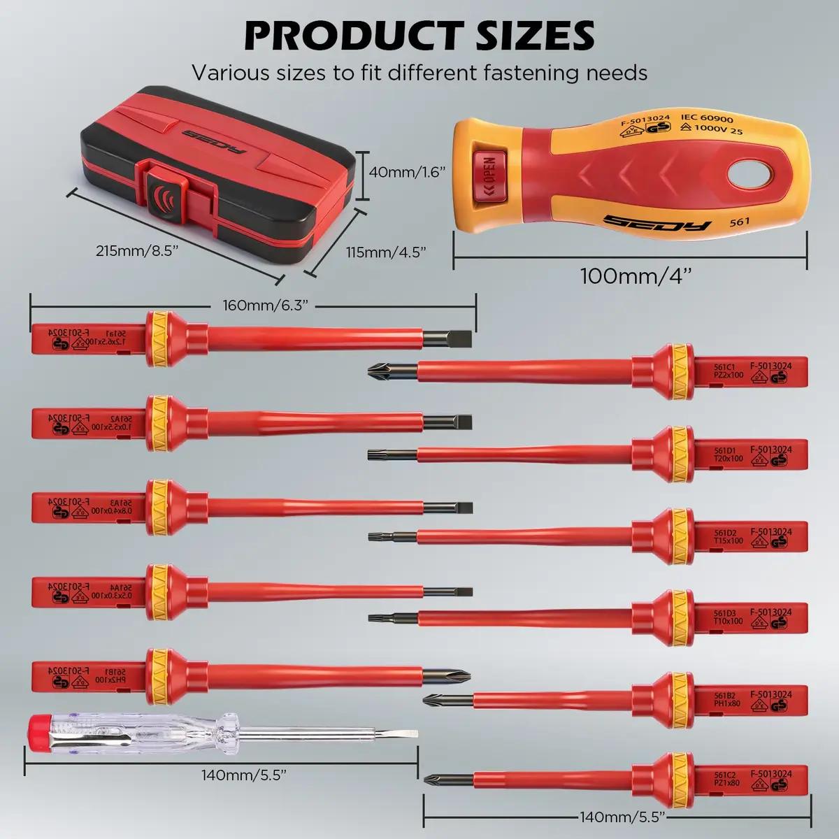 SEDY 1000V Insulated Electrician Screwdriver Set | VDE & GS Certified, 13-Piece, CRV Steel, Magnetic Tips, Replaceable Handle (9" x 5.5" x 2") - view 2