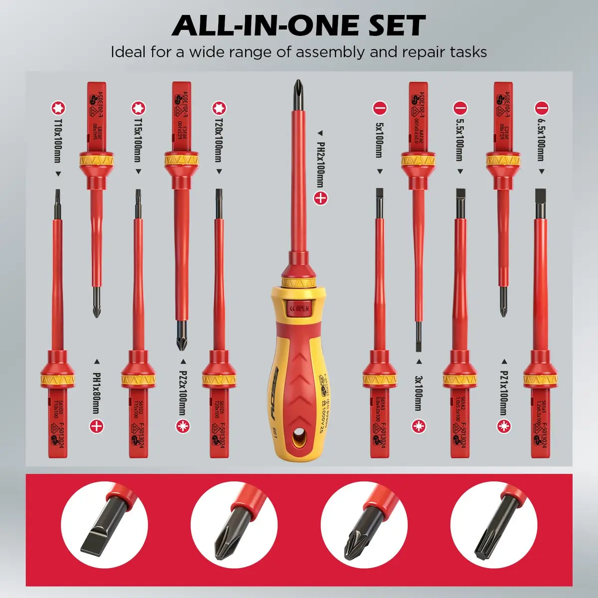 SEDY 1000V Insulated Electrician Screwdriver Set | VDE & GS Certified, 13-Piece, CRV Steel, Magnetic Tips, Replaceable Handle (9" x 5.5" x 2") - view 3