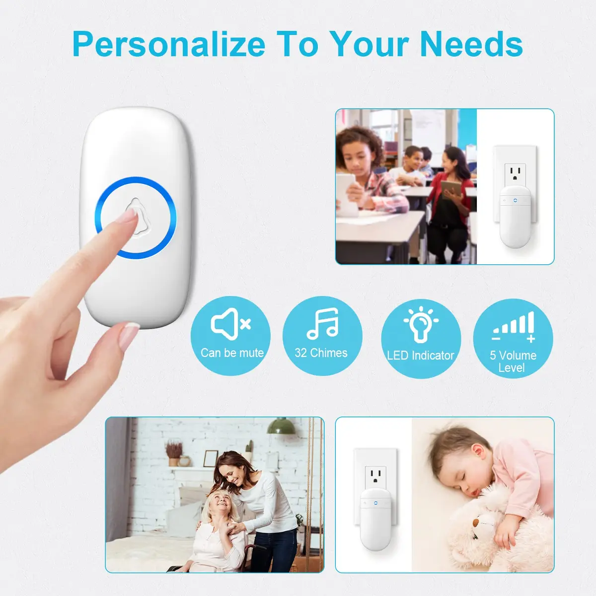 SECRUI Wireless Doorbell with 2 Plug-In Receivers & Waterproof Push Button | 1000ft Range, 58 Chimes, 110dB Sound, LED Flash - view 4