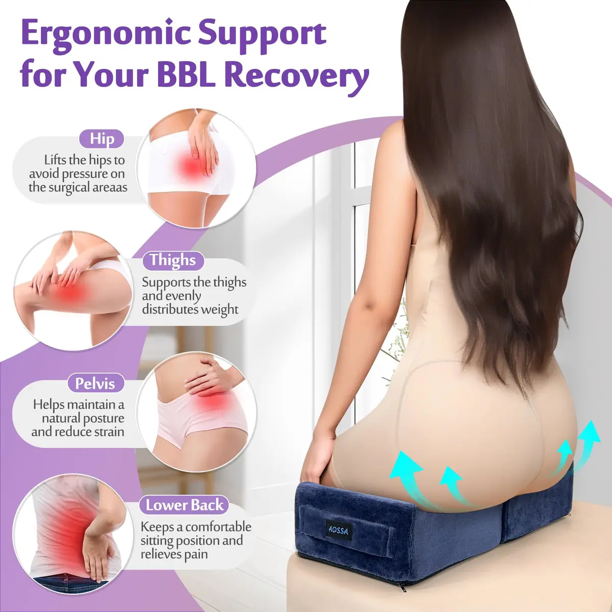 AOSSA Brazilian Butt Lift Pillow for Post-Surgery BBL Recovery | 20 cm (7.8") Foldable Foam Cushion - view 4