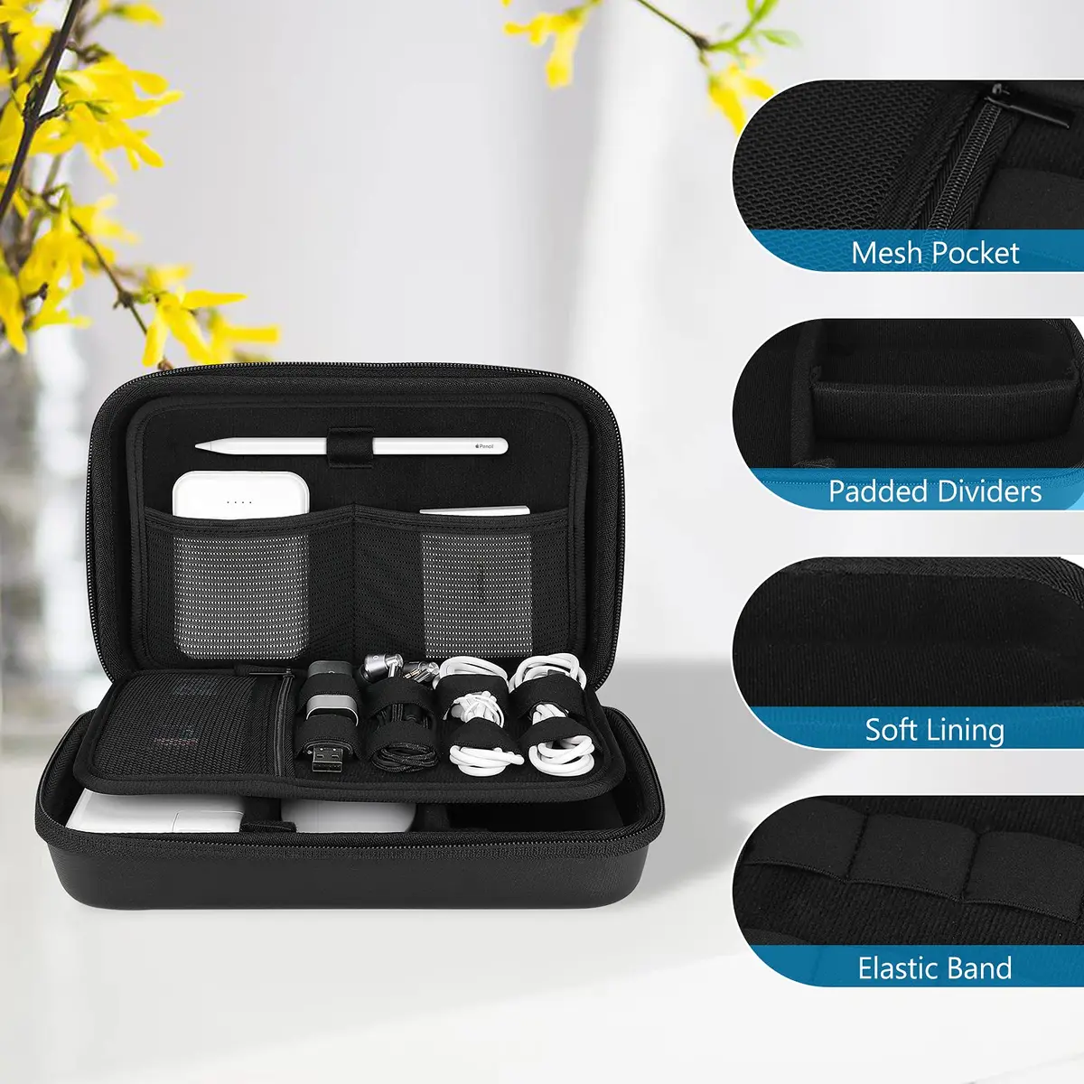 ProCase Black Hard Travel Electronic Organizer Case for MacBook Chargers, Cables, Power Bank, Mouse, Pencil, USB Drives, SD Cards - 9.9 x 6.3 x 2.56 Inch - view 5