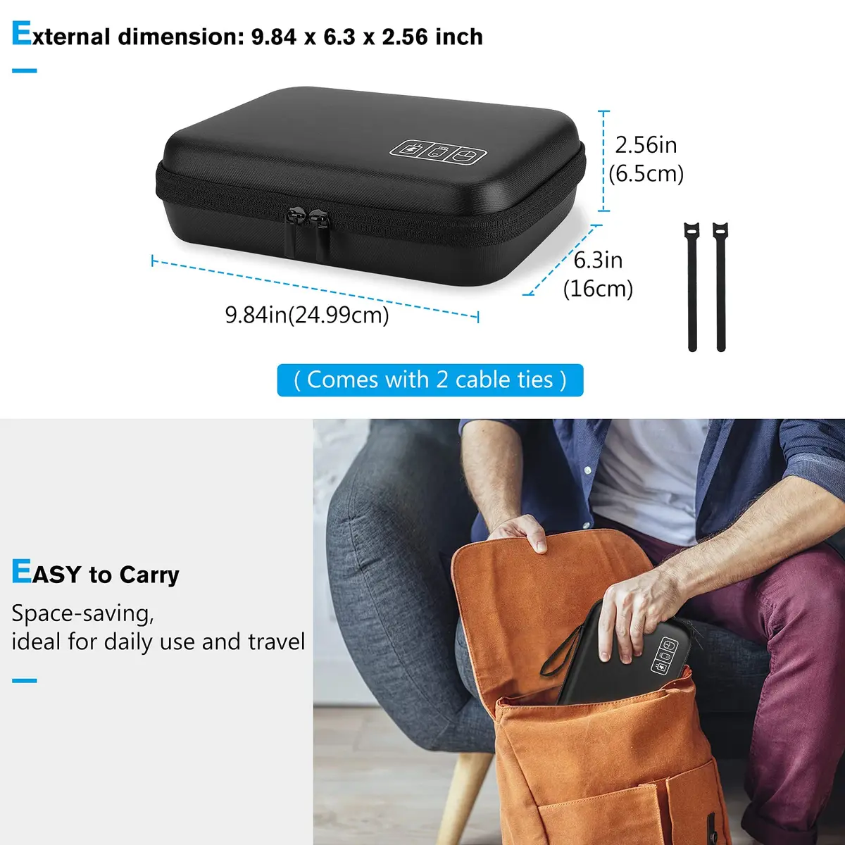 ProCase Black Hard Travel Electronic Organizer Case for MacBook Chargers, Cables, Power Bank, Mouse, Pencil, USB Drives, SD Cards - 9.9 x 6.3 x 2.56 Inch - view 6