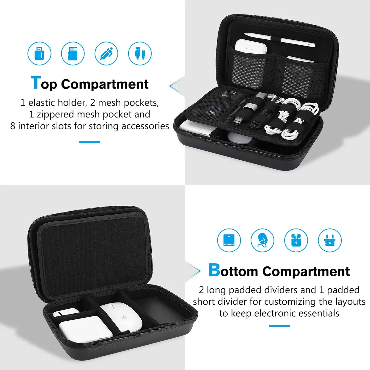 ProCase Black Hard Travel Electronic Organizer Case for MacBook Chargers, Cables, Power Bank, Mouse, Pencil, USB Drives, SD Cards - 9.9 x 6.3 x 2.56 Inch - view 3