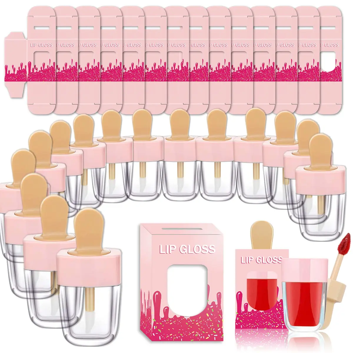 ANZKA 15 Pack Lip Gloss Tubes with Packaging Boxes | Pink Ice-Cream Shape, 8ml, Refillable, Portable, Wholesale for Business - main product image