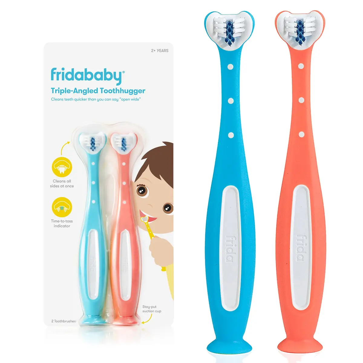 Frida Baby Triple-Angle Toothhugger Toddler Toothbrush, 2 Count (Pack of 1), Pink + Blue | U-Shaped Head Cleans All Sides - main product image