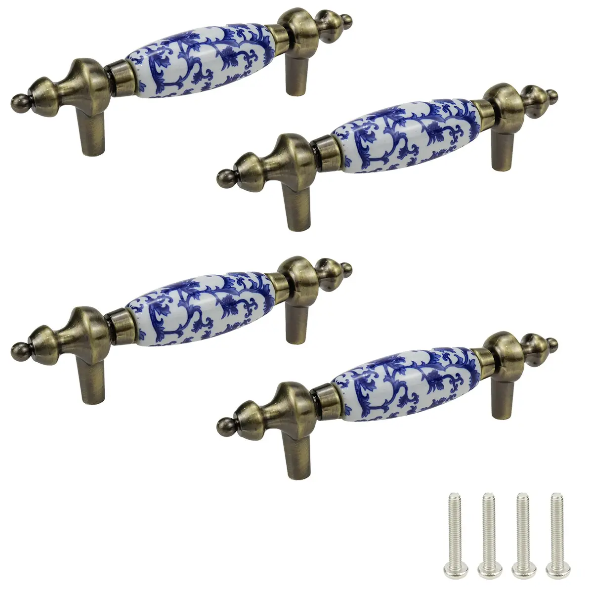 Mcredy Ceramic Drawer Pull Handle, Blue White Porcelain T-Style, 12.2cm (4.8") | 4-Piece Set with 7.6cm (3") Hole Distance - main product image