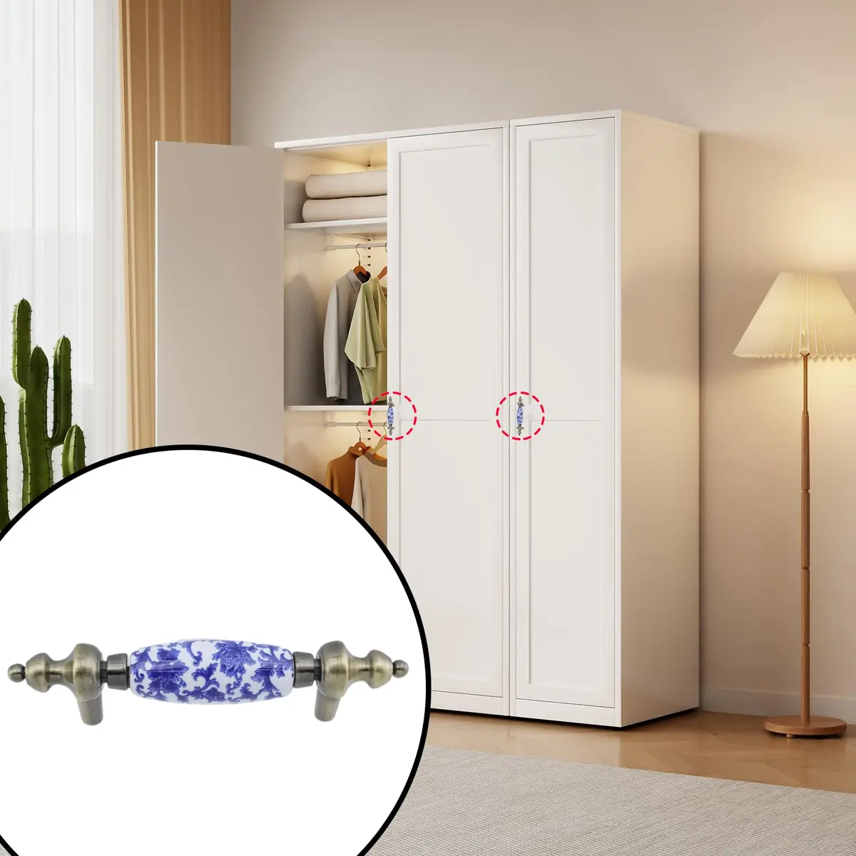 Mcredy Ceramic Drawer Pull Handle, Blue White Porcelain T-Style, 12.2cm (4.8") | 4-Piece Set with 7.6cm (3") Hole Distance - view 5