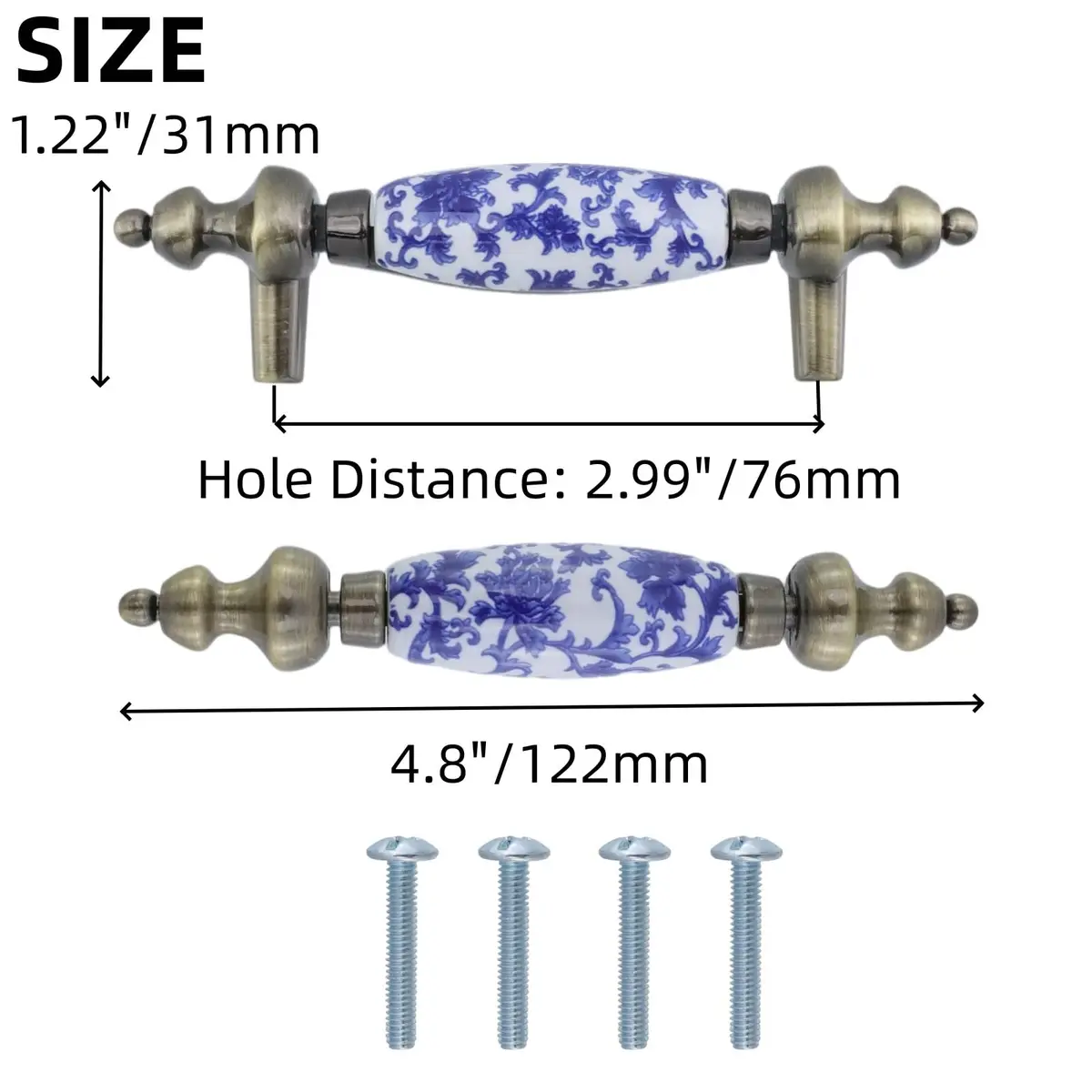 Mcredy Ceramic Drawer Pull Handle, Blue White Porcelain T-Style, 12.2cm (4.8") | 4-Piece Set with 7.6cm (3") Hole Distance - view 2