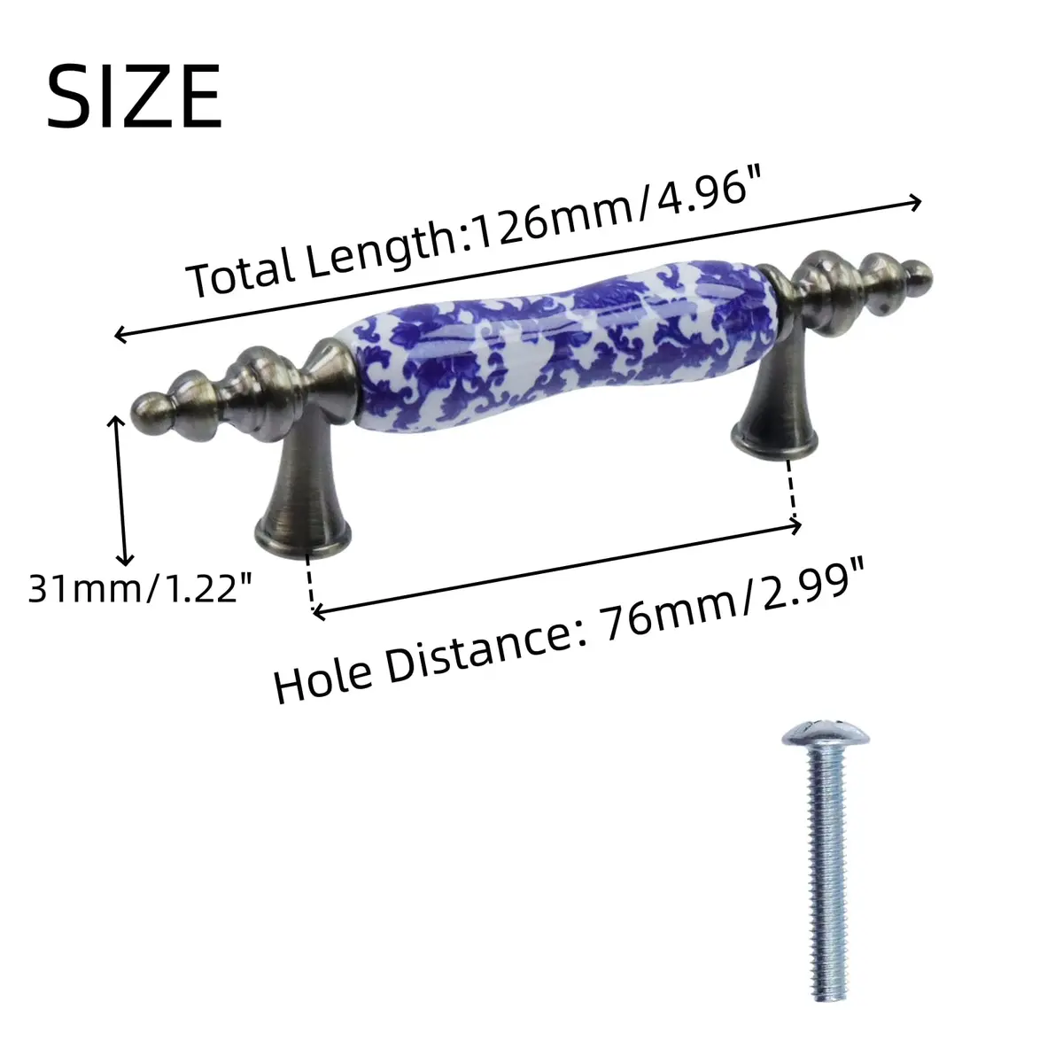 Mcredy Ceramic Cabinet Drawer Pulls 76mm (3") Hole Distance | Blue White Porcelain Chinoiserie Style, Pack of 4 - view 3