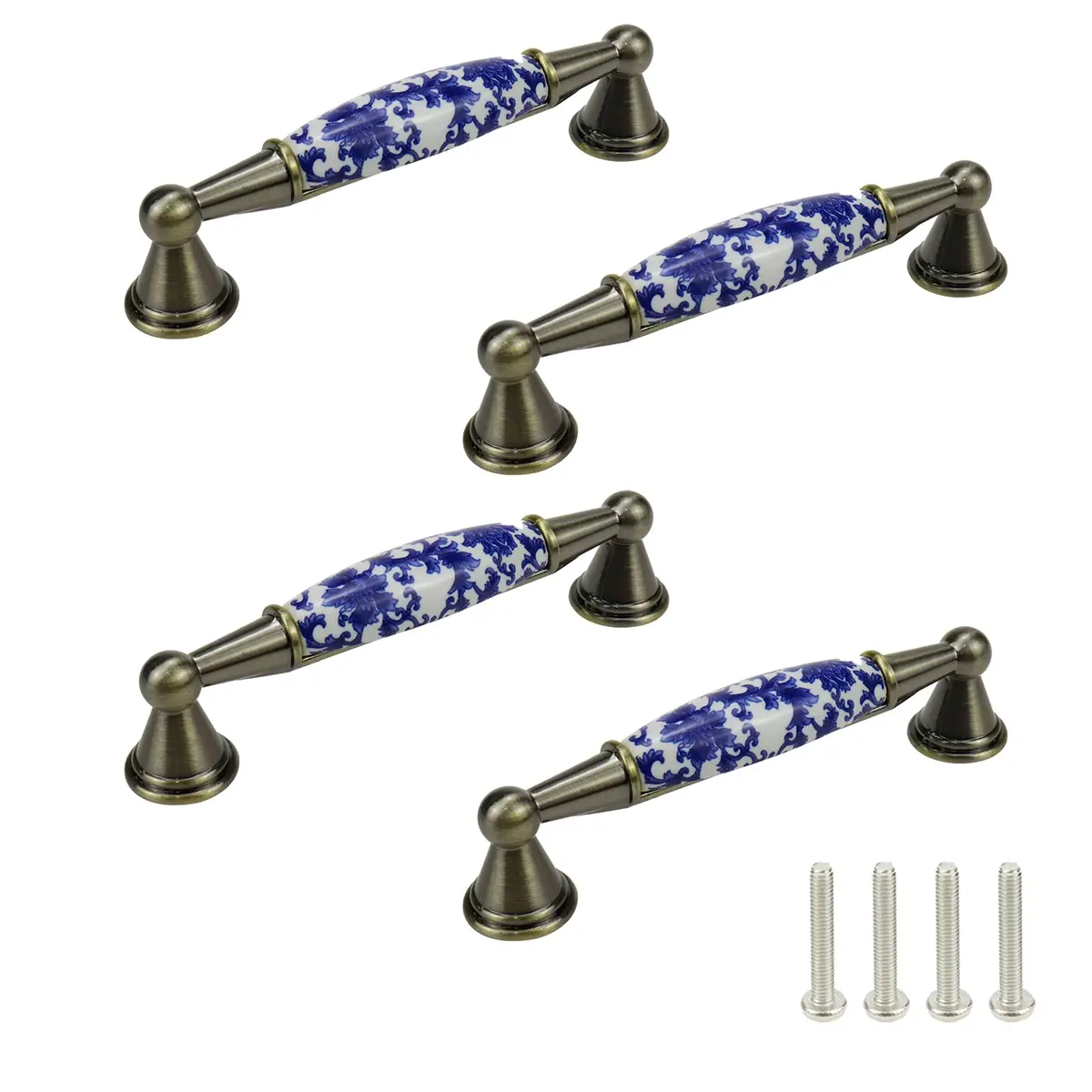 Mcredy Ceramic Cabinet Pull Handle, Blue White Porcelain T-Style, 96mm (3.78") Hole Distance, 4 Pcs | Classic Chinese-Style Floral Design - main product image