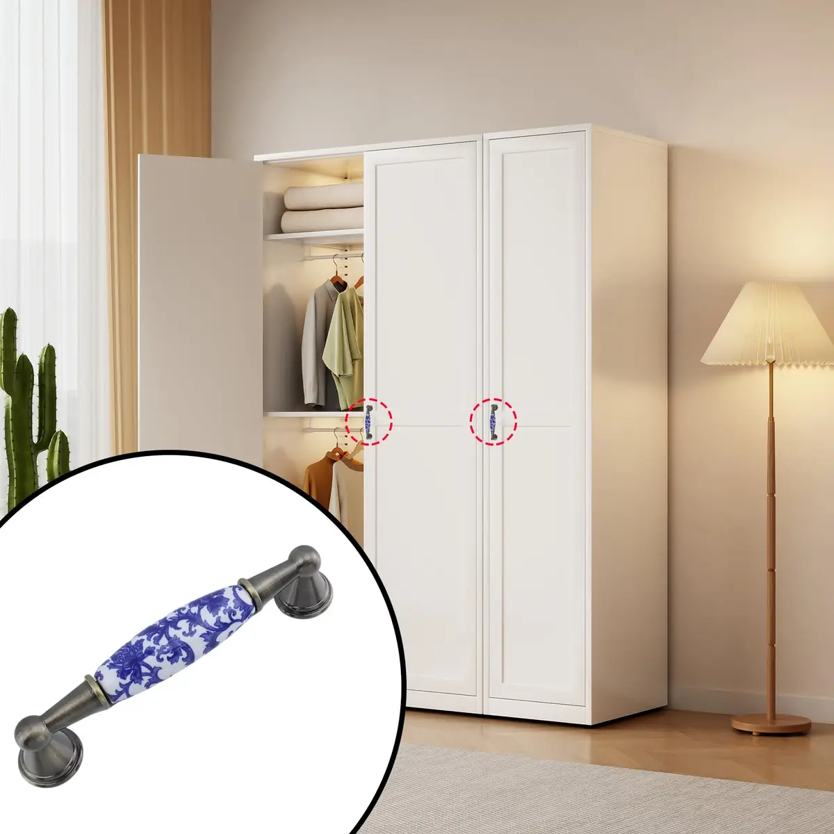 Mcredy Ceramic Cabinet Pull Handle, Blue White Porcelain T-Style, 96mm (3.78") Hole Distance, 4 Pcs | Classic Chinese-Style Floral Design - view 5