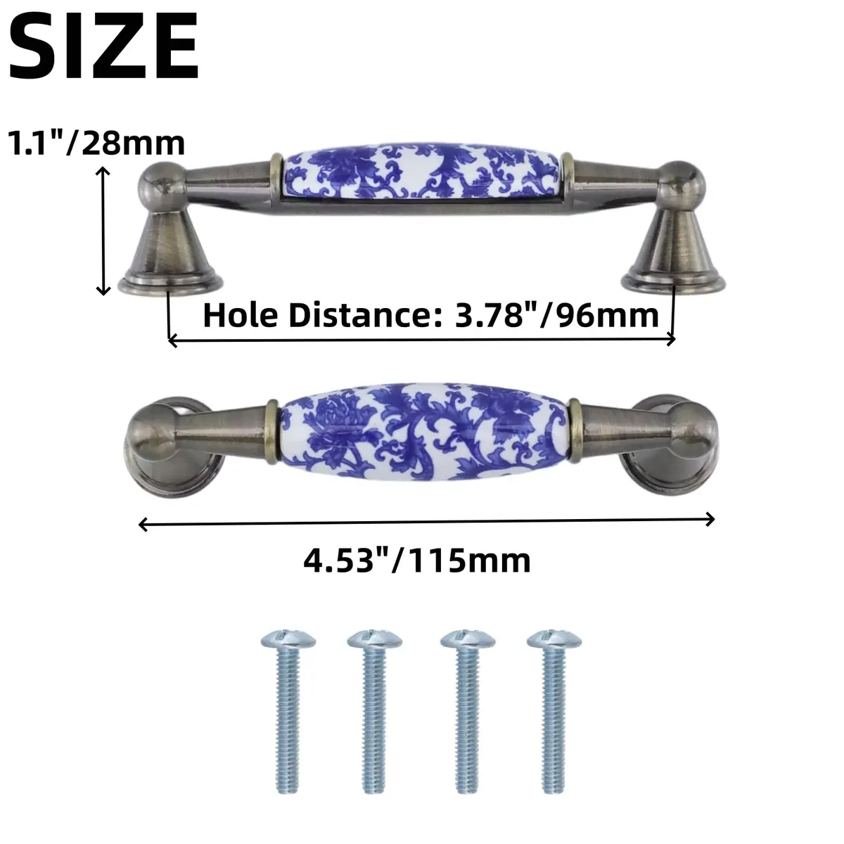 Mcredy Ceramic Cabinet Pull Handle, Blue White Porcelain T-Style, 96mm (3.78") Hole Distance, 4 Pcs | Classic Chinese-Style Floral Design - view 2