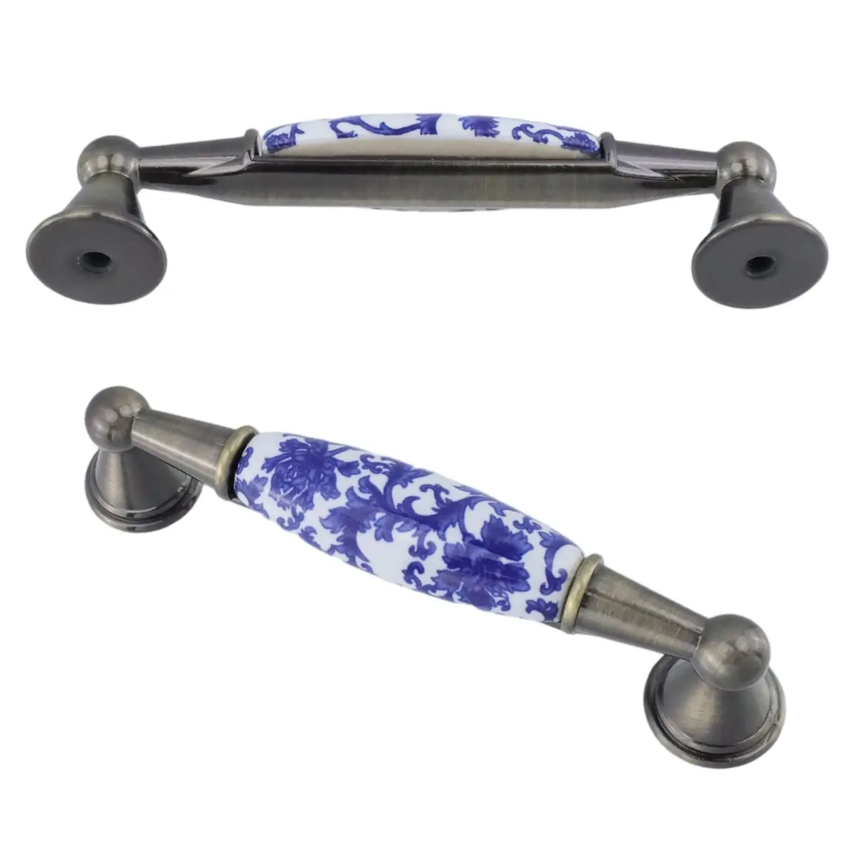 Mcredy Ceramic Cabinet Pull Handle, Blue White Porcelain T-Style, 96mm (3.78") Hole Distance, 4 Pcs | Classic Chinese-Style Floral Design - view 3