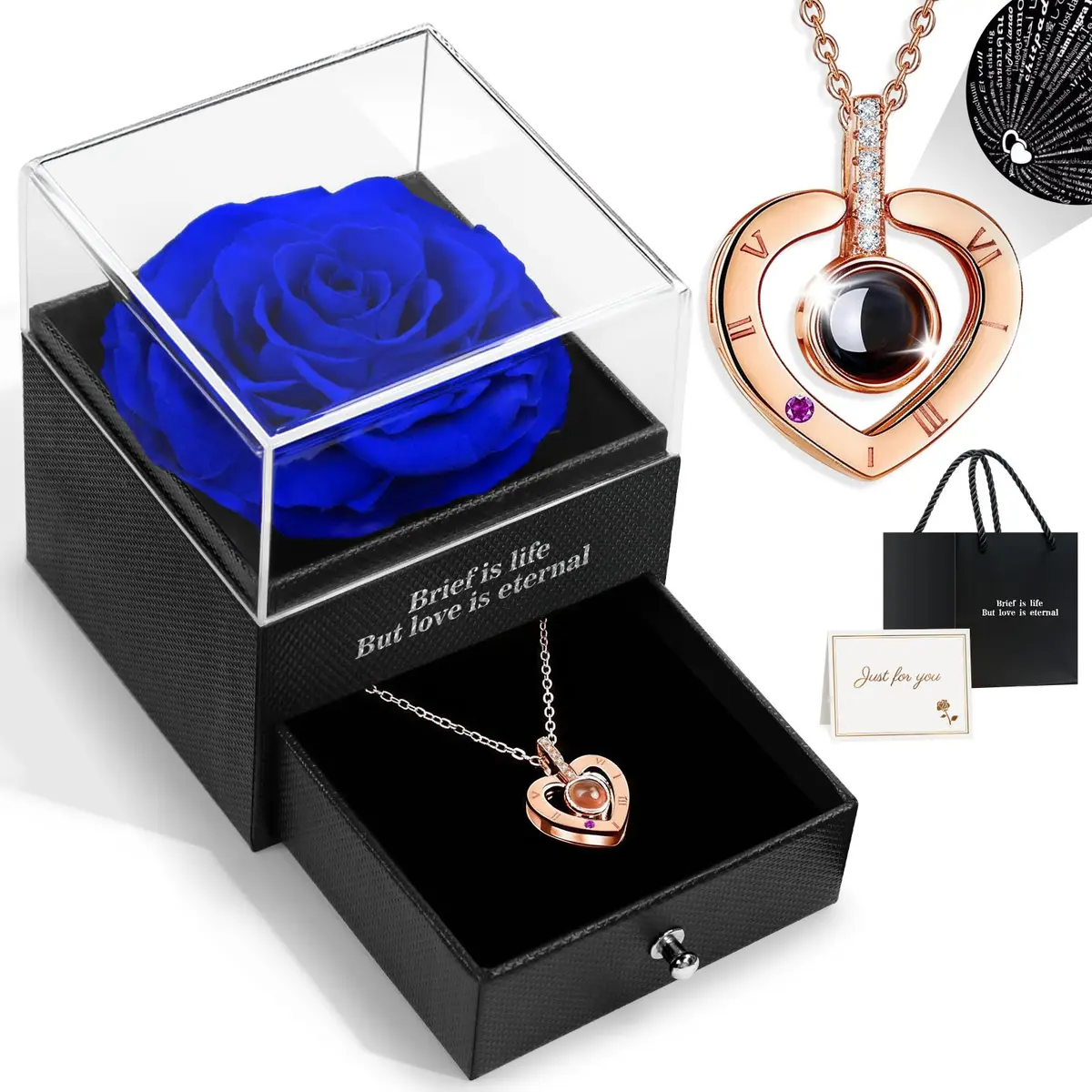 HEGUD Preserved Real Rose with I Love You Necklace in 100 Languages | Eternal Flowers for Mom Women Wife Girlfriend Grandma - Blue - main product image