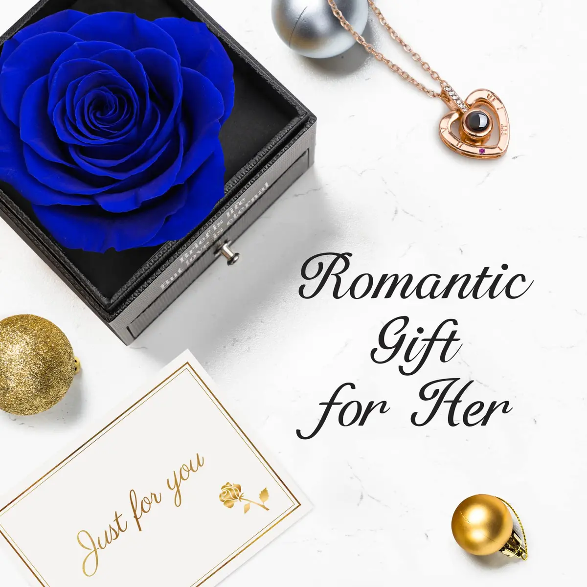 HEGUD Preserved Real Rose with I Love You Necklace in 100 Languages | Eternal Flowers for Mom Women Wife Girlfriend Grandma - Blue - view 7