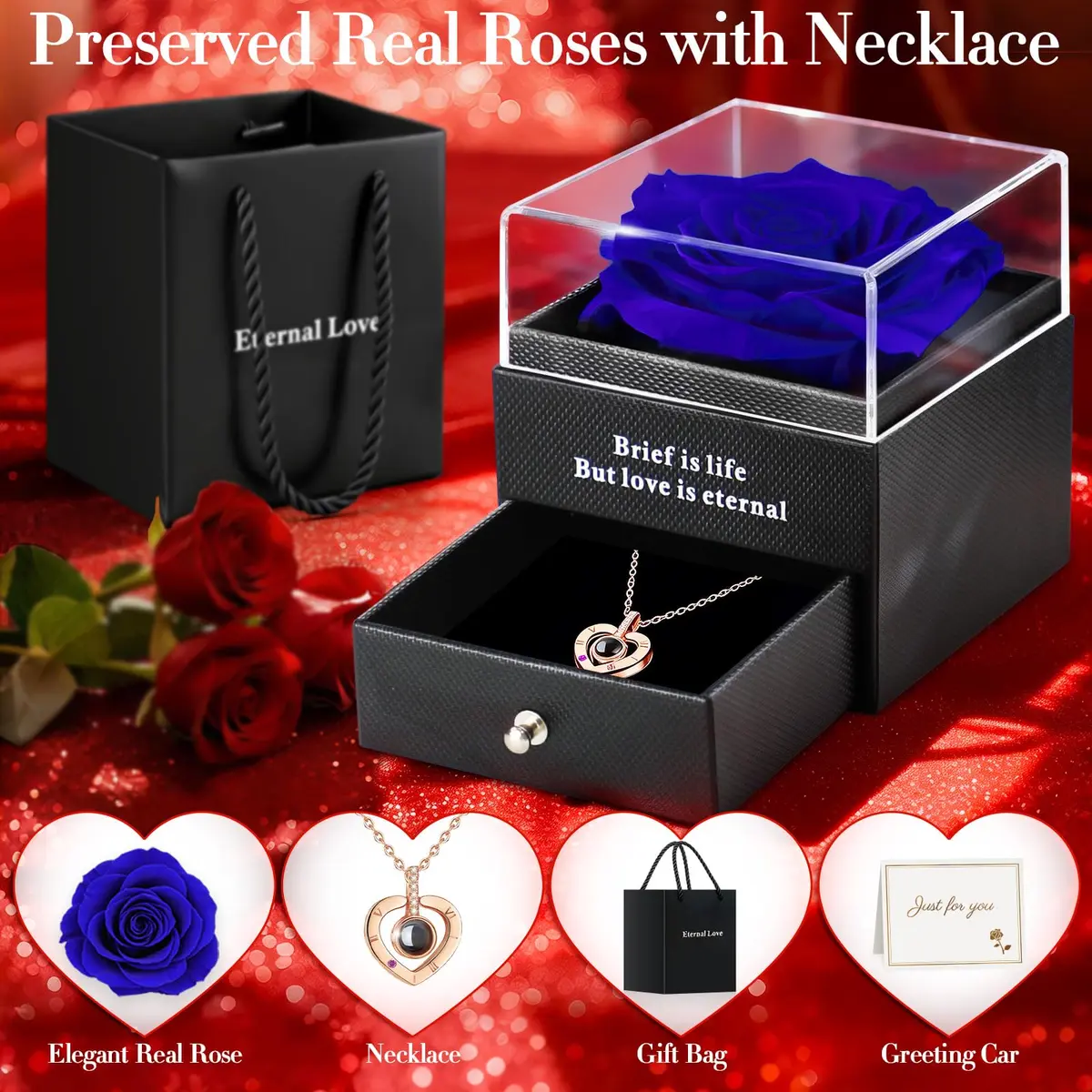 HEGUD Preserved Real Rose with I Love You Necklace in 100 Languages | Eternal Flowers for Mom Women Wife Girlfriend Grandma - Blue - view 2