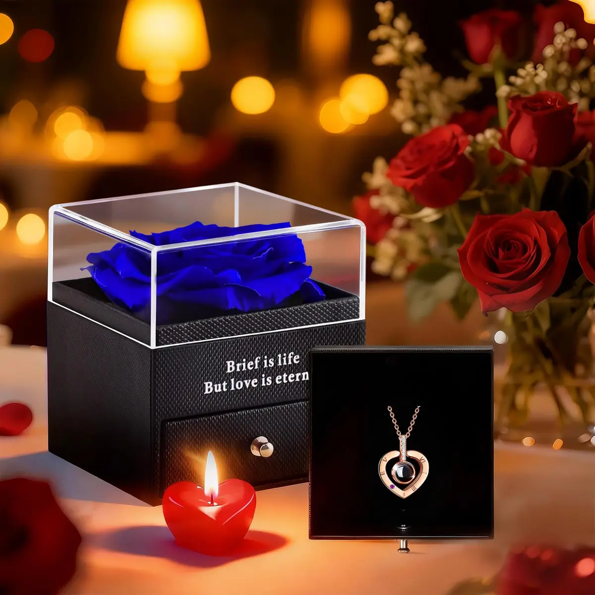 HEGUD Preserved Real Rose with I Love You Necklace in 100 Languages | Eternal Flowers for Mom Women Wife Girlfriend Grandma - Blue - view 4