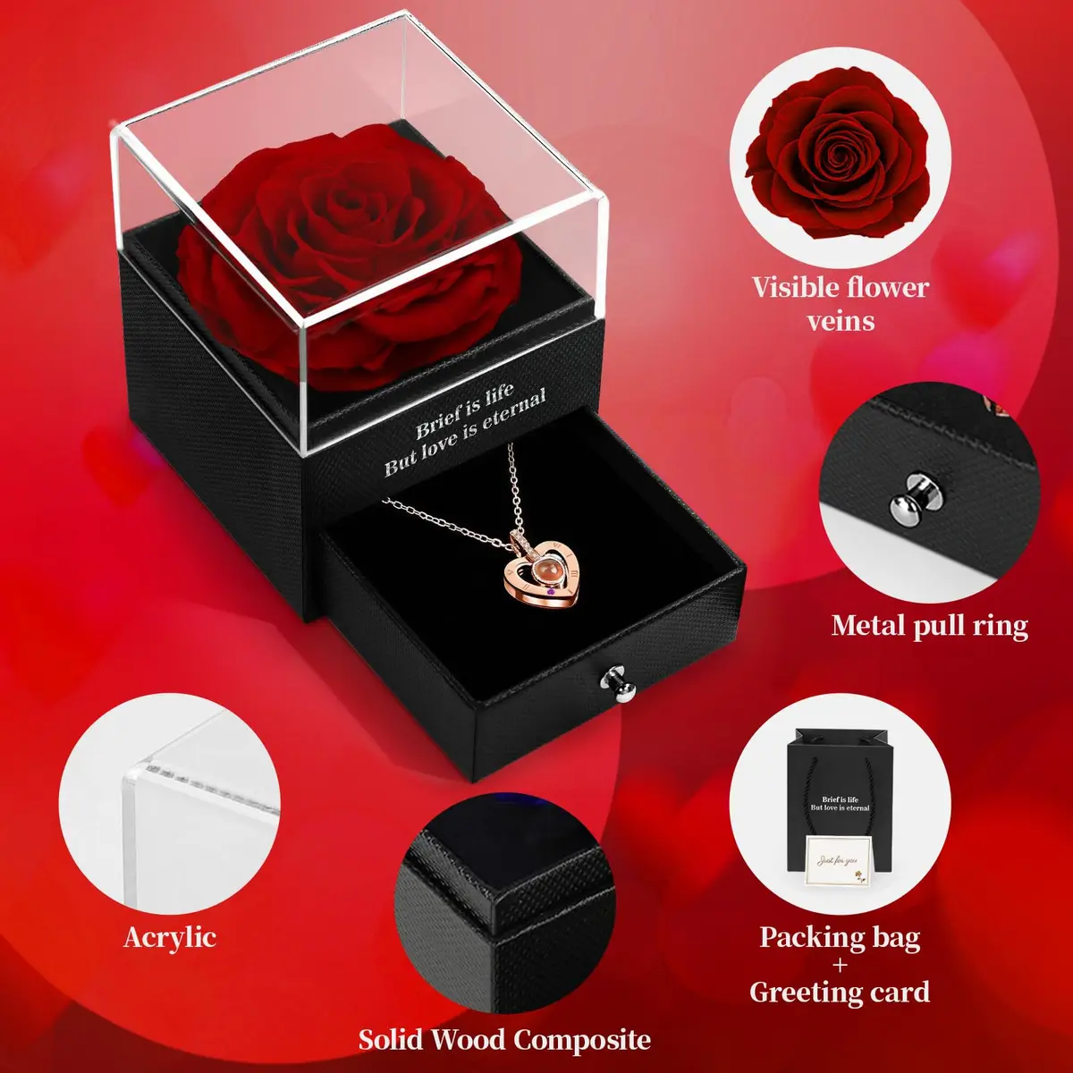 HEGUD Preserved Real Rose with Necklace | Eternal Flowers for Mom & Women - view 5