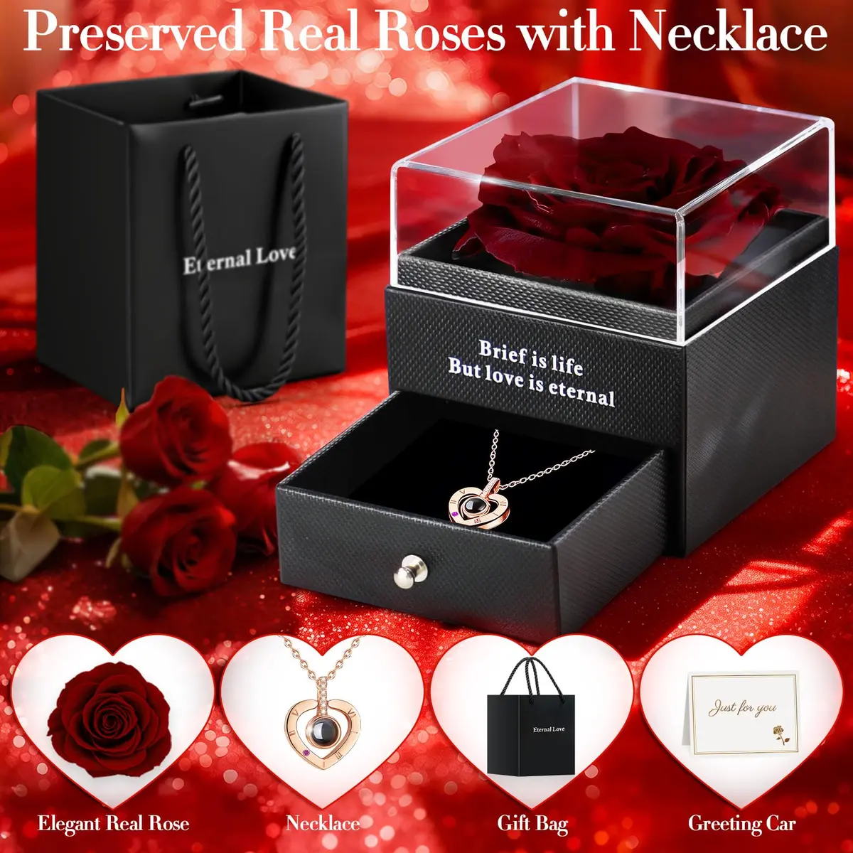 HEGUD Preserved Real Rose with Necklace | Eternal Flowers for Mom & Women - view 2