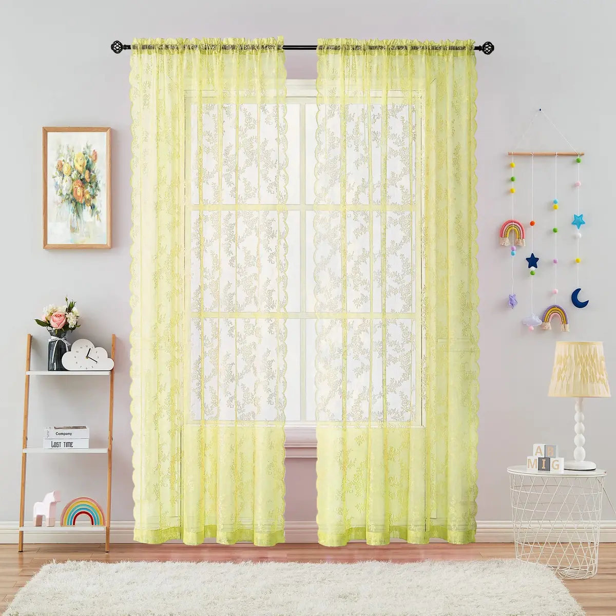 Urban Lotus Yellow Sheer Curtains for Bedroom 55" W x 108" L | Floral Lace Sheer Drapes for Home & Hotel - main product image