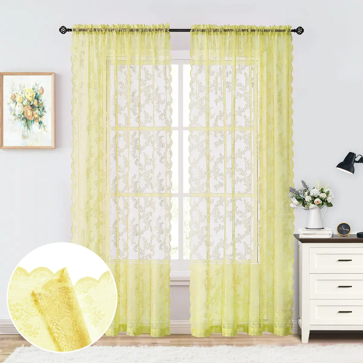 Urban Lotus Yellow Sheer Curtains for Bedroom 55" W x 108" L | Floral Lace Sheer Drapes for Home & Hotel - view 6